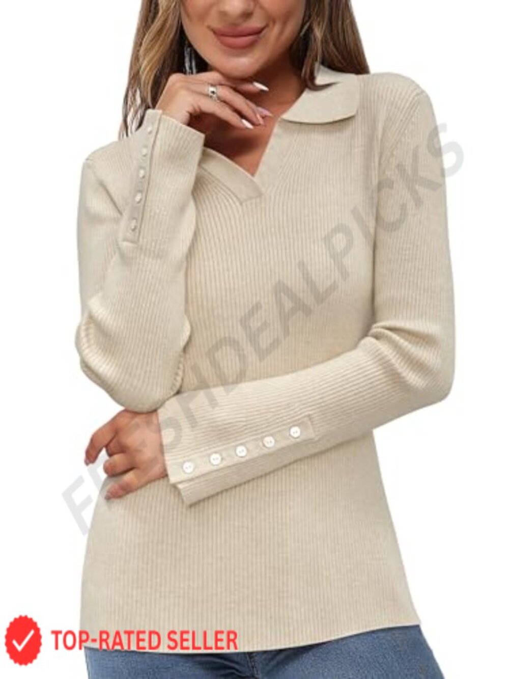 Womens Ribbed Knit Pullover Sweater Button Cuff Business Casual Top